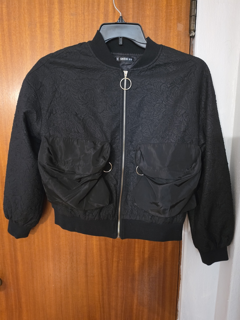 SHEIN Black Textured Bomber Jacket with Ring-Zip and Oversized Front Pockets